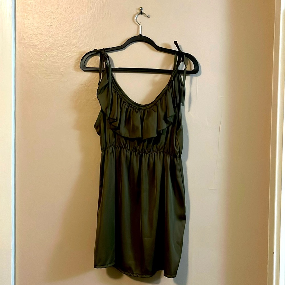 Olive Green Tie Spaghetti Strap Ruffle Mini Dress S